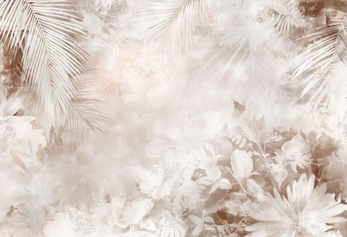 Akwarelowa Fototapeta- Beżowa Dżungla | Liście Palmowe i Kwiaty | Roślinna Tapeta na ścianę 83216 - zdjęcie 4