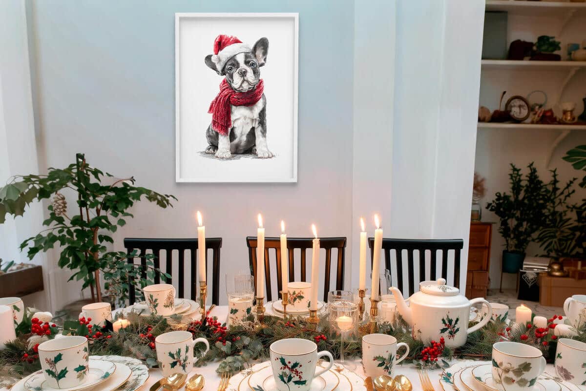 Uroczy Plakat Świąteczny z Buldogiem Francuskim | Pies w Czapce Mikołaja i Czerwonym Szaliku | Dekoracja Bożonarodzeniowa 82319 - zdjęcie 5