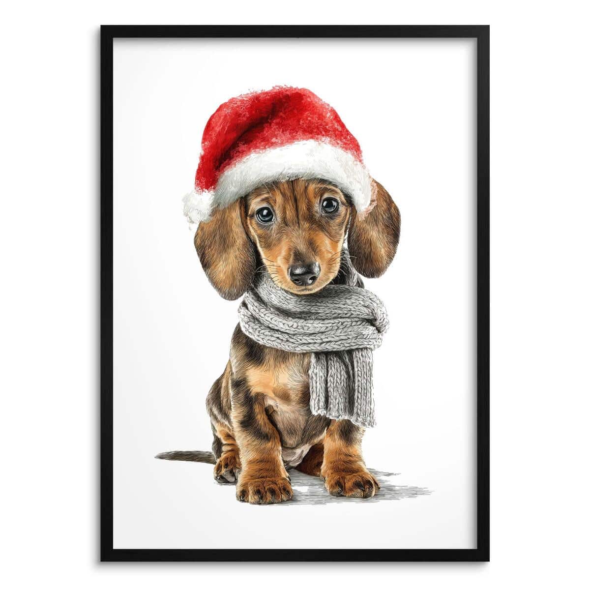 Plakat Bożonarodzeniowy z Psem- Jamnik w Czapce Mikołaja | Zabawna dekoracja świąteczna do pokoju dziecka, nastolatka 82320 - zdjęcie 1