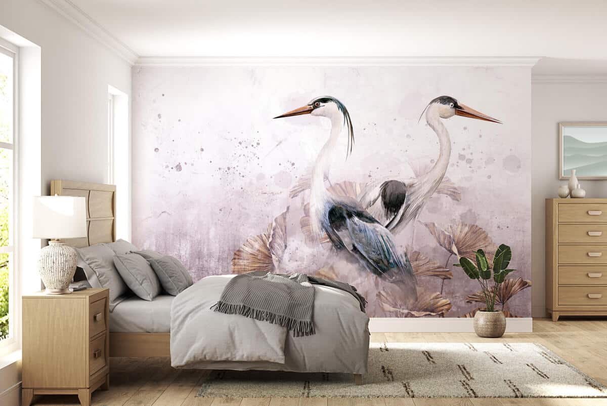 Elegancka Fototapeta do salonu- Czaple i Złote Liście | Dekoracja na ścianę do wnętrz orientalnych, boho 82251 - zdjęcie 2
