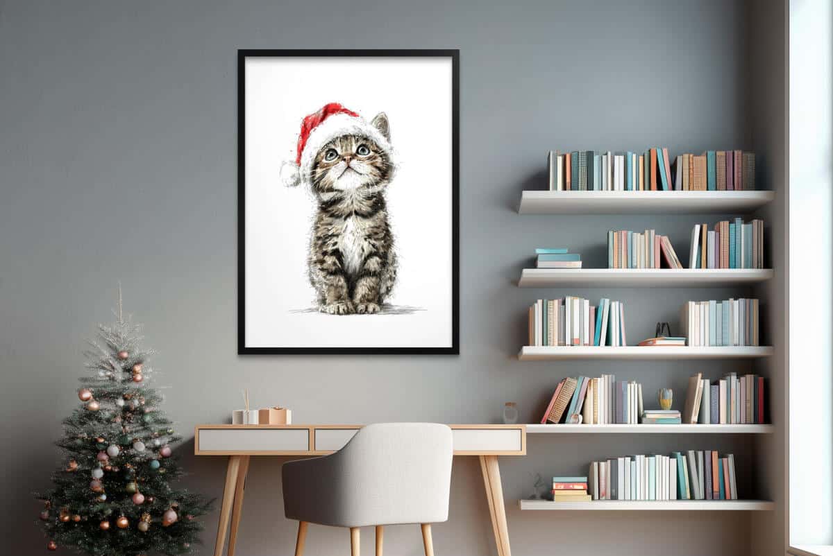 Plakat Świąteczny dla Dzieci – Kotek w Czapce Mikołaja | Bajkowa Dekoracja Ścienna do Pokoju dziecka 82322 - zdjęcie 2