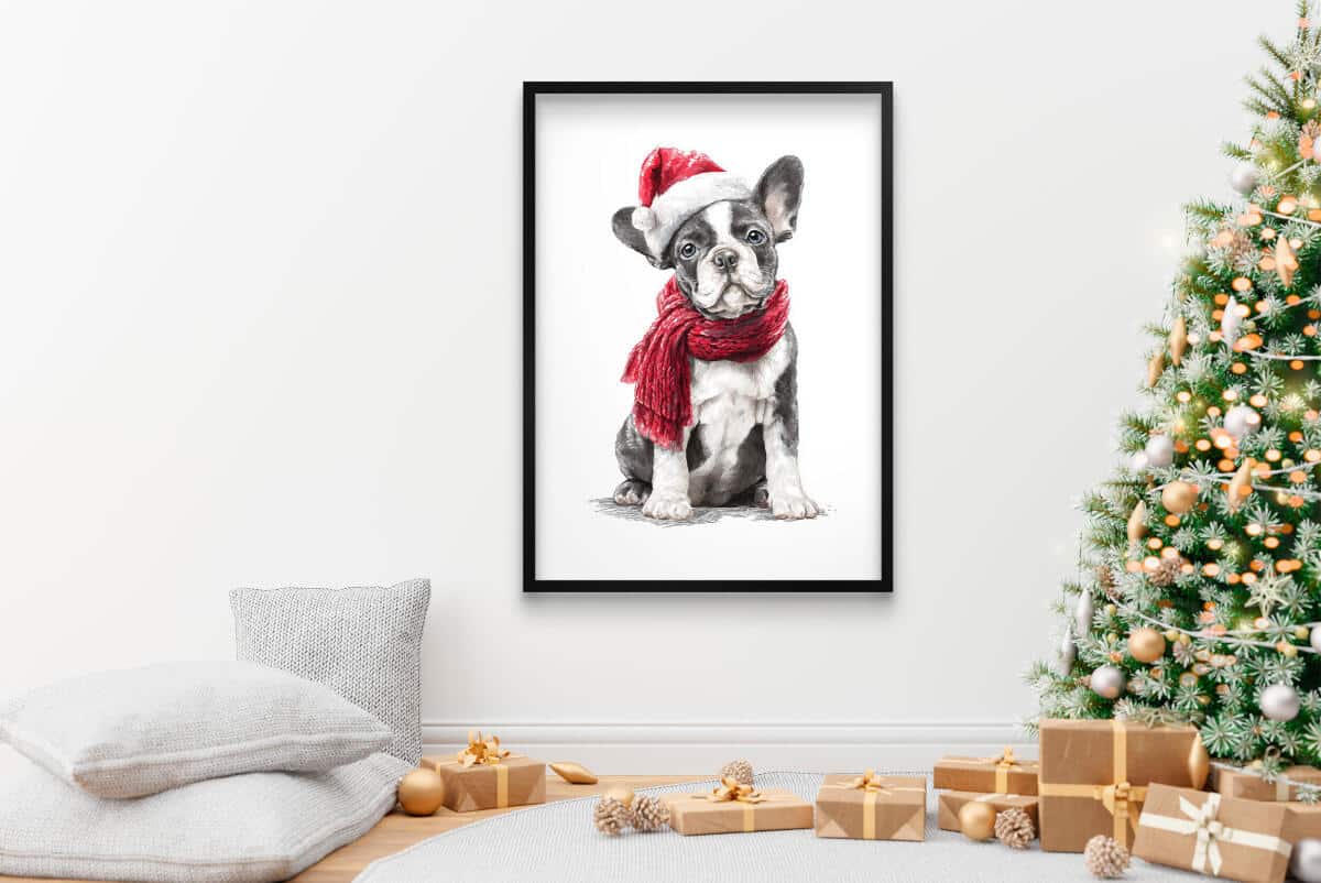 Uroczy Plakat Świąteczny z Buldogiem Francuskim | Pies w Czapce Mikołaja i Czerwonym Szaliku | Dekoracja Bożonarodzeniowa 82319 - zdjęcie 2