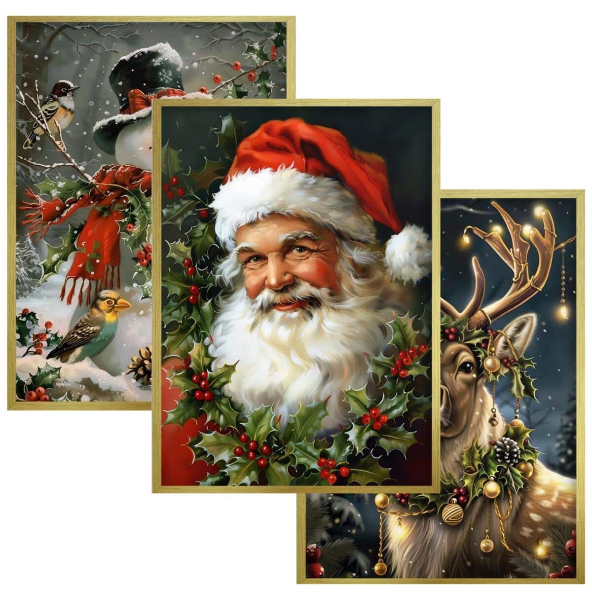 Świąteczne Obrazy na ścianę – Mikołaj, Bałwan, Renifer | Bożonarodzeniowe Plakaty | Zimowa Dekoracja Ścienna do Domu KP401