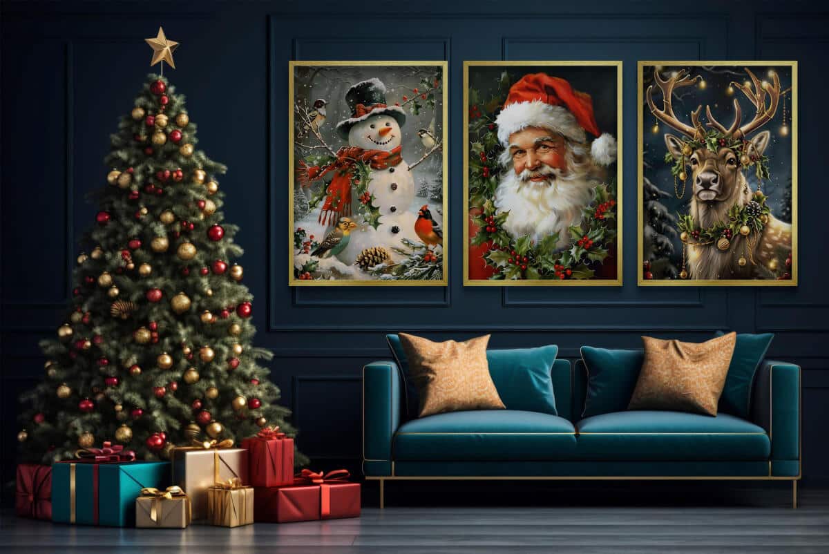 Świąteczne Obrazy na ścianę – Mikołaj, Bałwan, Renifer | Bożonarodzeniowe Plakaty | Zimowa Dekoracja Ścienna do Domu KP401 - zdjęcie 2