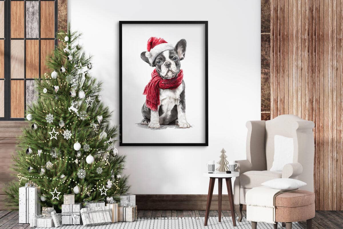 Uroczy Plakat Świąteczny z Buldogiem Francuskim | Pies w Czapce Mikołaja i Czerwonym Szaliku | Dekoracja Bożonarodzeniowa 82319 - zdjęcie 6