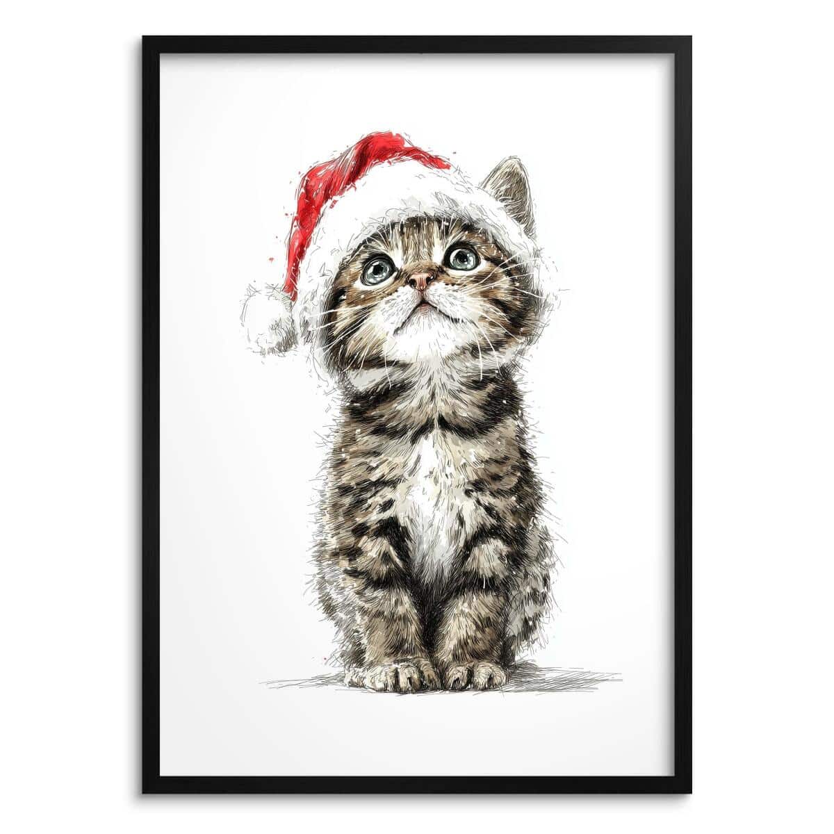 Plakat Świąteczny dla Dzieci – Kotek w Czapce Mikołaja | Bajkowa Dekoracja Ścienna do Pokoju dziecka 82322 - zdjęcie 1