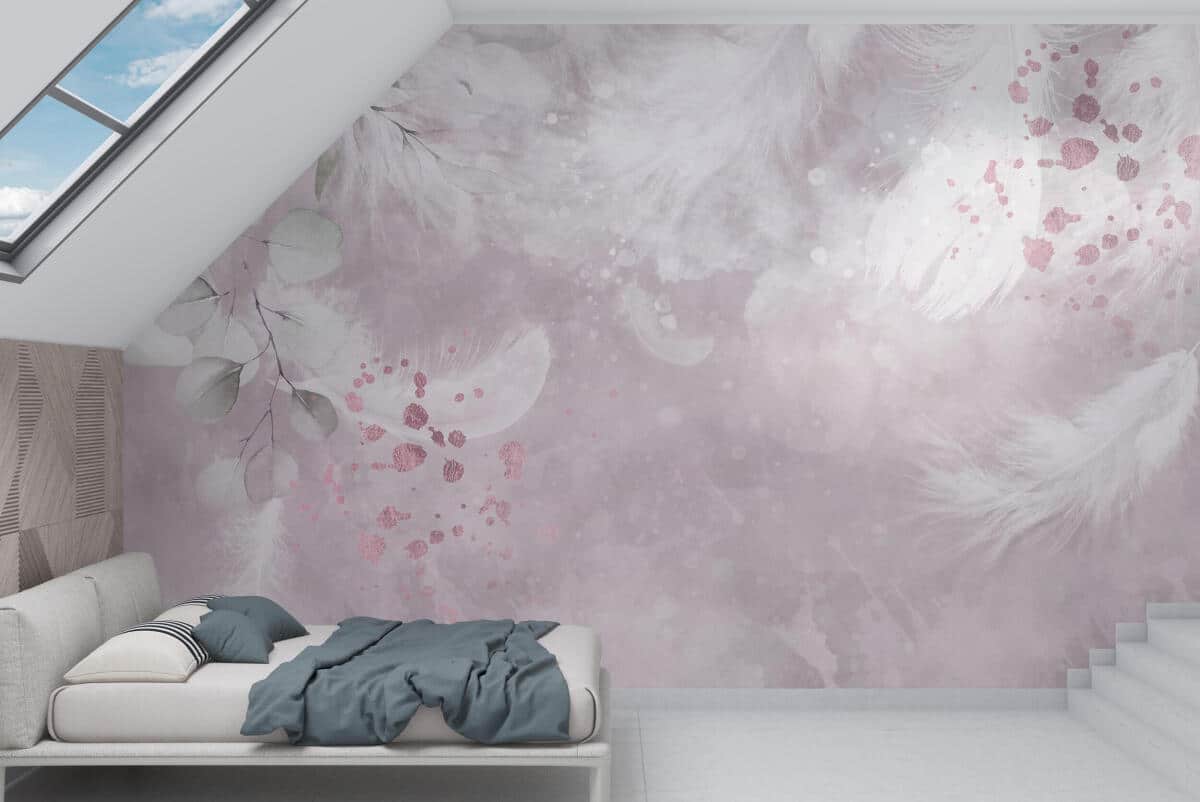 Pióra i Liście Eukaliptusa- Delikatna Pastelowa Fototapeta w stylu akwareli 82254