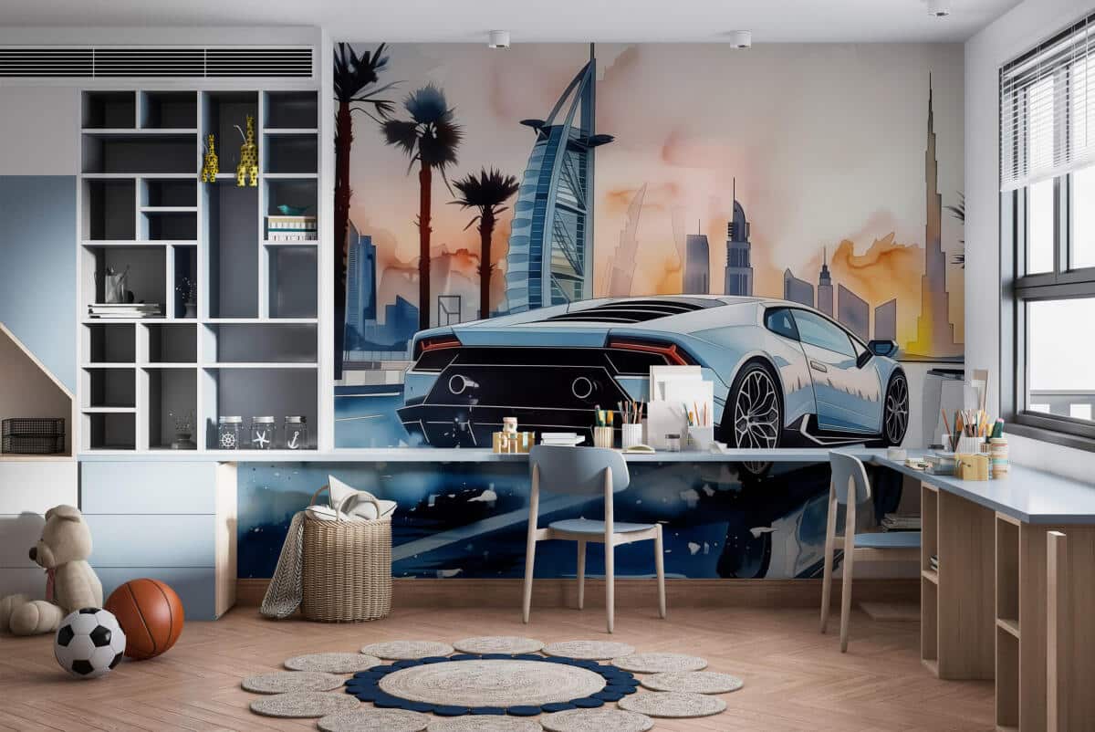 Nowoczesna Fototapeta- Panorama Dubaju, Auto w stylu Lamborghini Huracan | Luksusowy supercar na tle miasta 94230 - zdjęcie 3