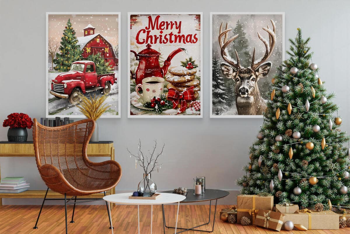 Plakaty Świąteczne Vintage- Merry Christmas | Zimowy krajobraz na ścianę- dekoracje bożonarodzeniowe KP403 - zdjęcie 5