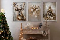 Plakaty Świąteczne Glamour – Renifer, Złota Kokarda, Choinka z Prezentami | Eleganckie Obrazy Zimowe KP400 - miniaturka 3