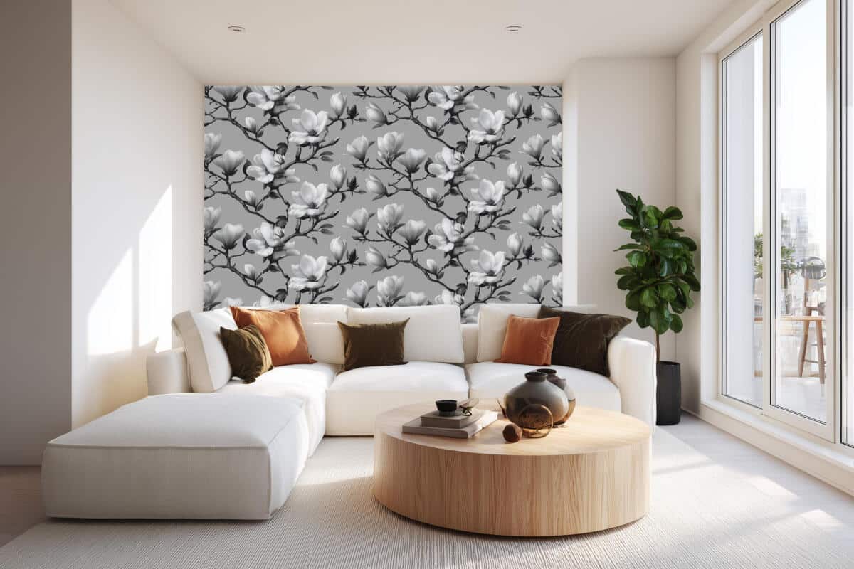 Fototapeta do biura – Eleganckie Magnolie | Czarno-Biały Botaniczny wzór do gabinetu, salonu 82325 - zdjęcie 4