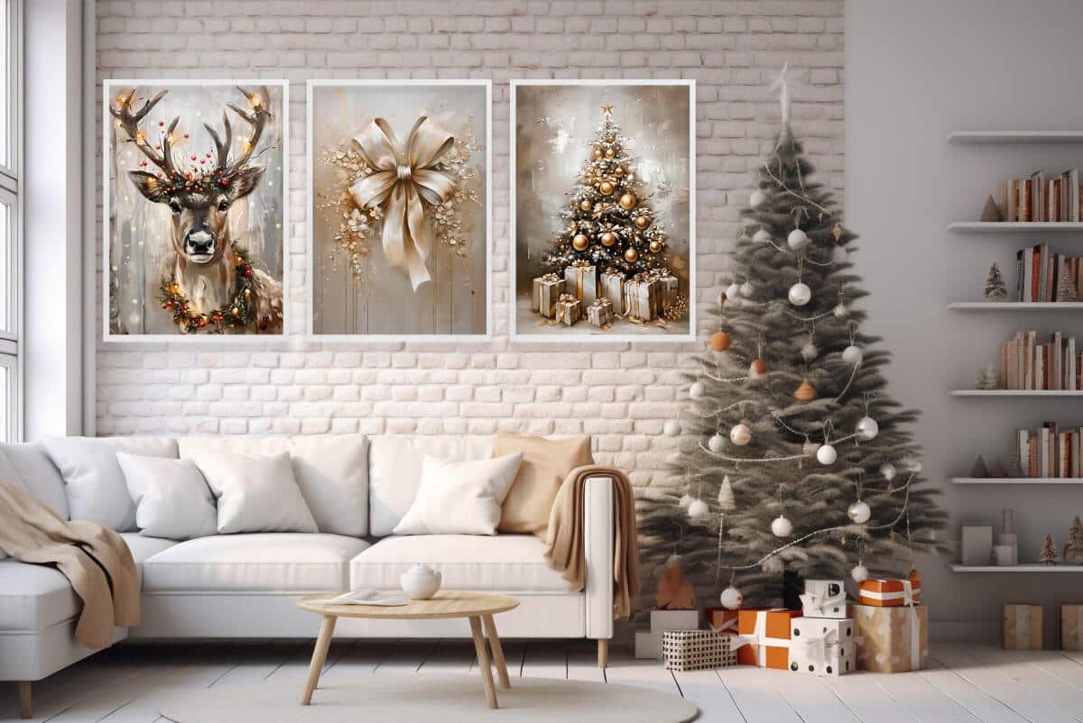 Plakaty Świąteczne Glamour – Renifer, Złota Kokarda, Choinka z Prezentami | Eleganckie Obrazy Zimowe KP400 - zdjęcie 4