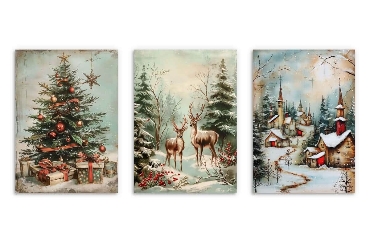 Zestaw Plakatów Bożonarodzeniowych- Choinka, Jelenie, Zimowa Wioska | Świąteczne Obrazy w klimacie Retro KP399 - zdjęcie 9