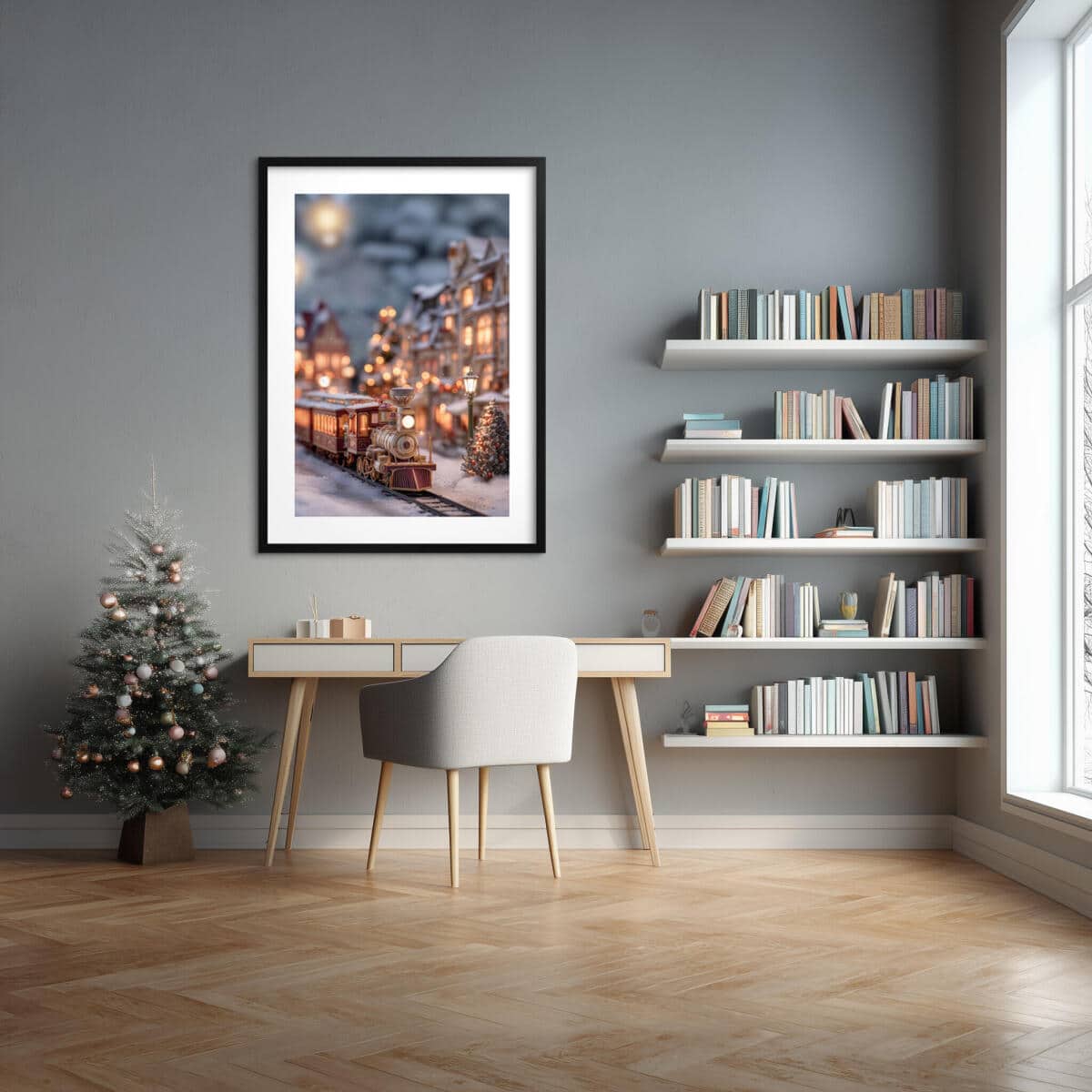 Bożonarodzeniowa dekoracja na ścianę- Zimowe miasteczko, kolejka | Świąteczny Plakat do salonu 82317 - zdjęcie 3