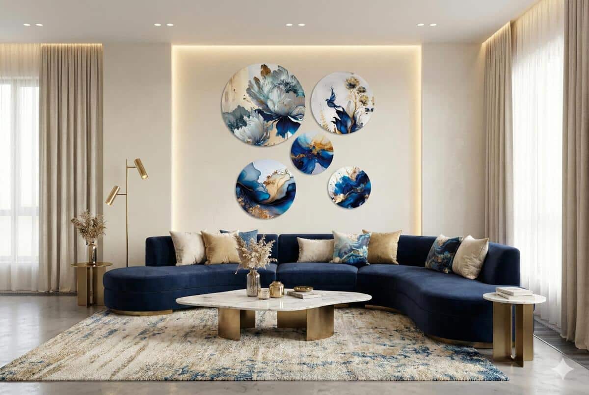 Eleganckie Okrągłe Obrazy– Niebiesko-Złota Abstrakcja i Kwiaty 3D 68231 - zdjęcie 5