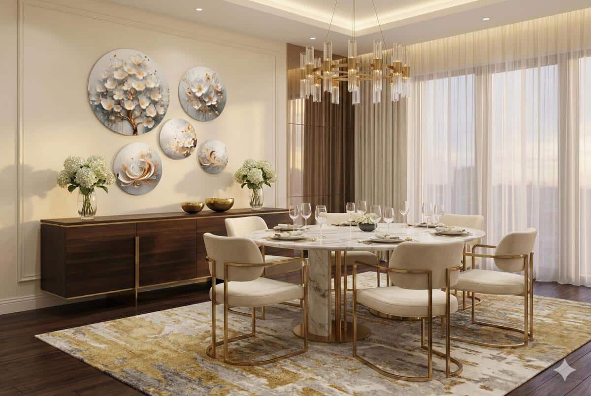 Obrazy Koła – Nowoczesny Zestaw Okrągłych Obrazów | Białe Kwiaty, Złote Akcenty 68235 - zdjęcie 7