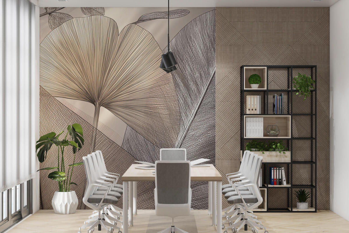 Stylowa Fototapeta biurowa- Liście Ginkgo w beżu | Elegancka Tapeta Line Art 64251 - zdjęcie 4