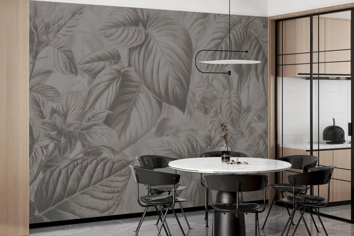 Dekoracyjna fototapeta do salonu i biura– subtelne liście w szarości i beżu 64254 - zdjęcie 1