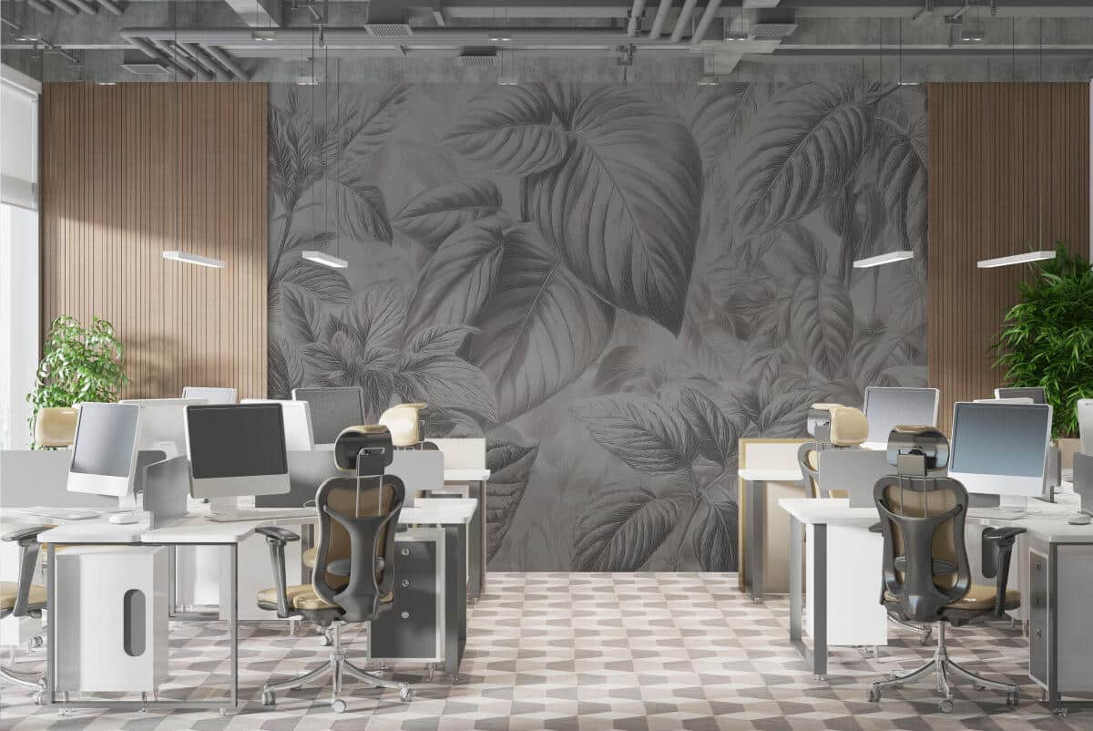 Dekoracyjna fototapeta do salonu i biura– subtelne liście w szarości i beżu 64254 - zdjęcie 2