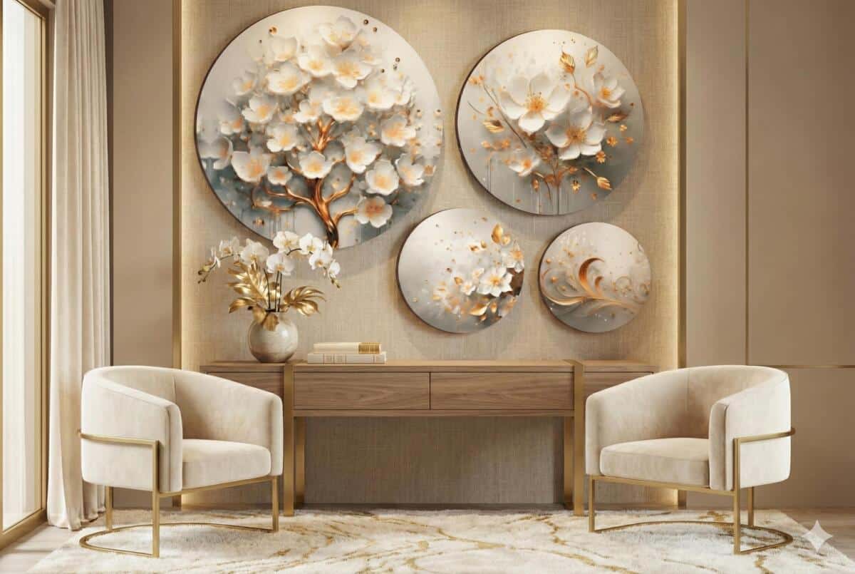 Obrazy Koła – Nowoczesny Zestaw Okrągłych Obrazów | Białe Kwiaty, Złote Akcenty 68235 - zdjęcie 6