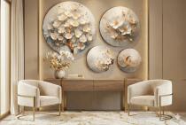 Obrazy Koła – Nowoczesny Zestaw Okrągłych Obrazów | Białe Kwiaty, Złote Akcenty 68235 - miniaturka 6