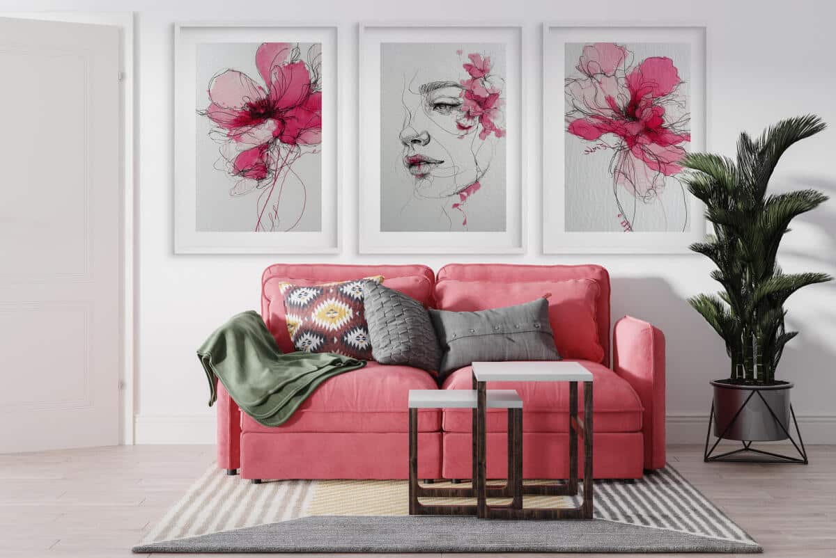 Artystyczne Plakaty- Kobieca Twarz wśród różowych kwiatów | Line Art i Akwarela 82340 - zdjęcie 6