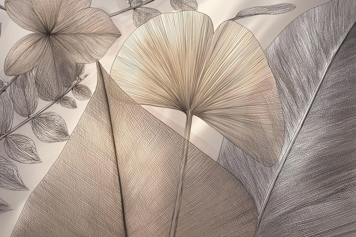 Stylowa Fototapeta biurowa- Liście Ginkgo w beżu | Elegancka Tapeta Line Art 64251 - zdjęcie 5