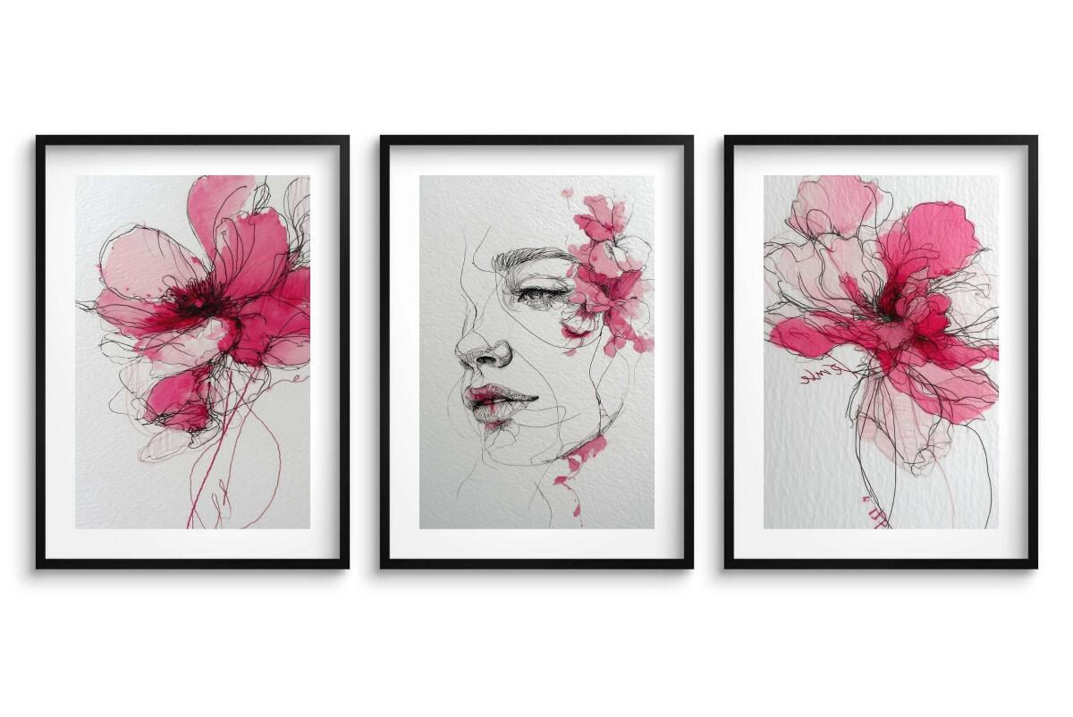 Artystyczne Plakaty- Kobieca Twarz wśród różowych kwiatów | Line Art i Akwarela 82340 - zdjęcie 3