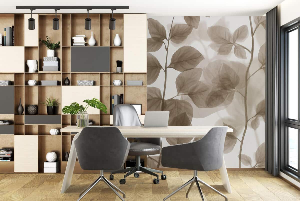 Elegancka Fototapeta do salonu i biura – Delikatne Liście i Gałązki w beżu i zieleni 64266 - zdjęcie 3