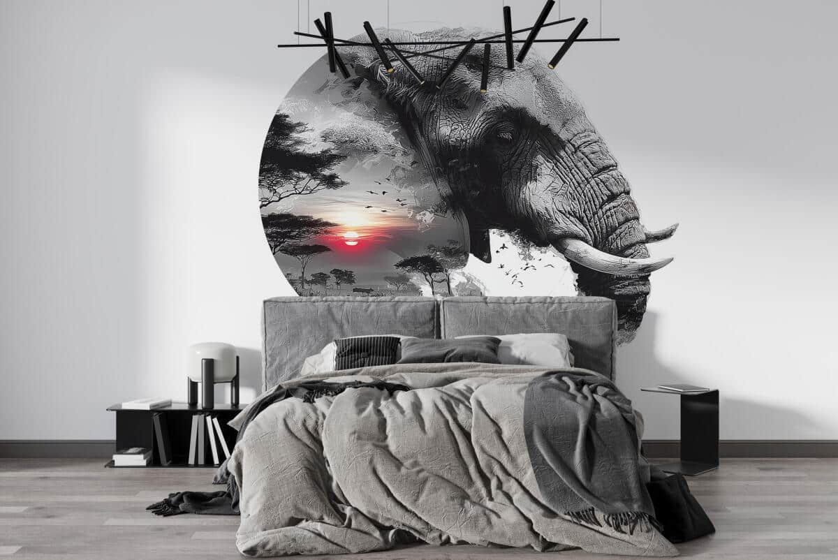 Okrągła Fototapeta 3D – Słoń na Sawannie | Krajobraz Afryki i Zachód Słońca 82344 - zdjęcie 2