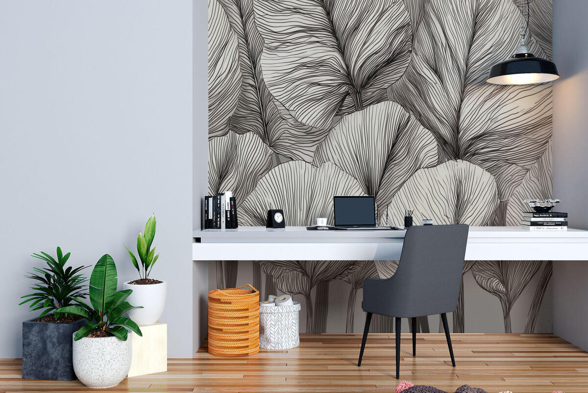 Elegancka fototapeta do biura – Czarno-białe liście | Nowoczesna dekoracja do recepcji i gabinetu 64250 - zdjęcie 4