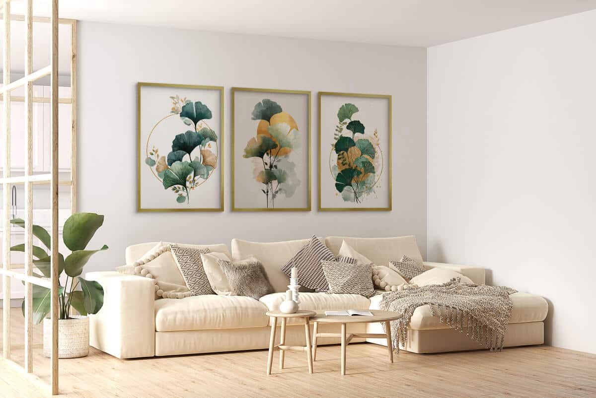 Plakaty z Liśćmi Miłorzębu- Złote Akcenty i Akwarela | Elegancki Tryptyk roślinny 82339 - zdjęcie 2