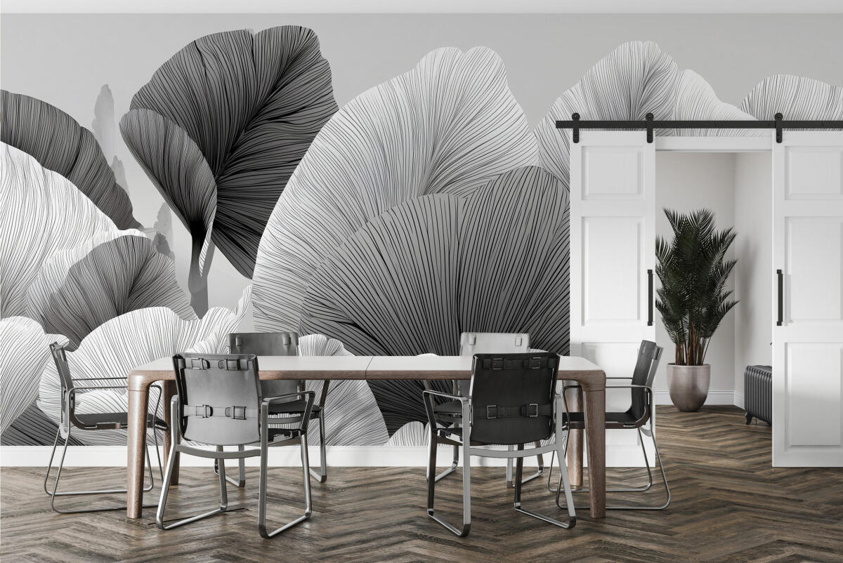 Czarno- biała Fototapeta- Artystyczne Liście | Subtelna, Stylowa Tapeta do salonu beauty, gabinetu 64252 - zdjęcie 4