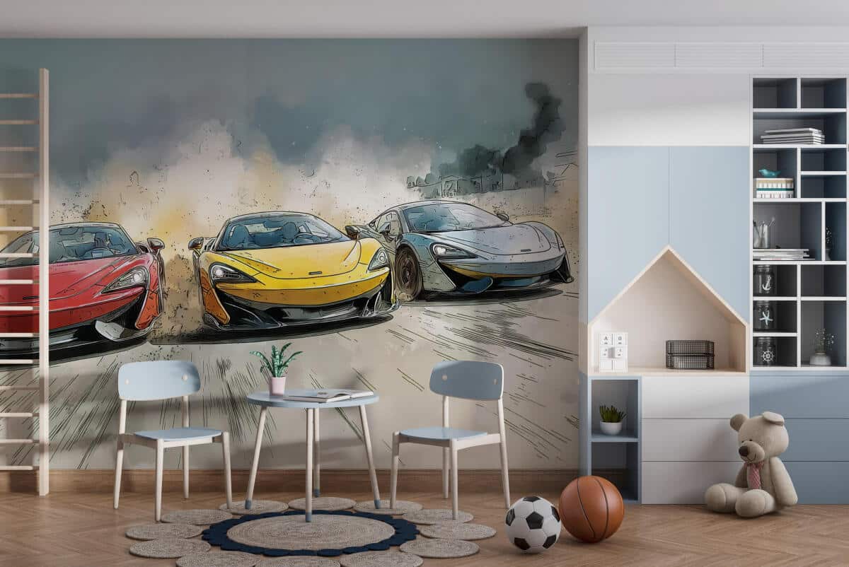 Fototapeta młodzieżowa – Wyścig sportowych samochodów | Kolorowy styl komiksowy 64240 - zdjęcie 4