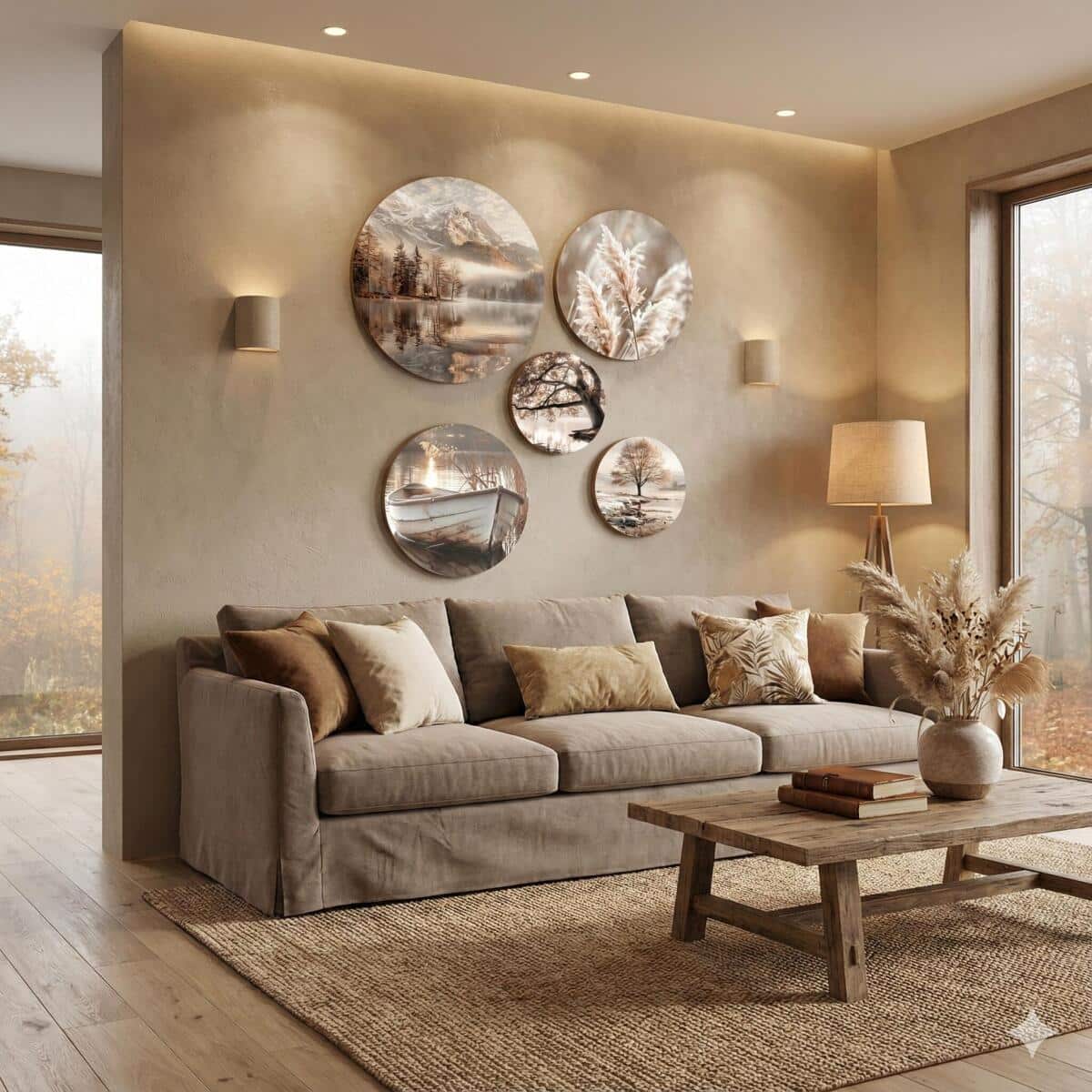 Okrągłe Obrazy do salonu, sypialni- Beżowe Pejzaże Boho 68226 - zdjęcie 2
