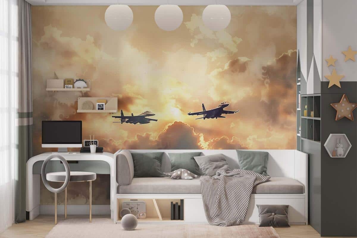 Fototapeta dla nastolatka- Myśliwce w Chmurach | Samoloty Odrzutowe o Zachodzie Słońca 64247