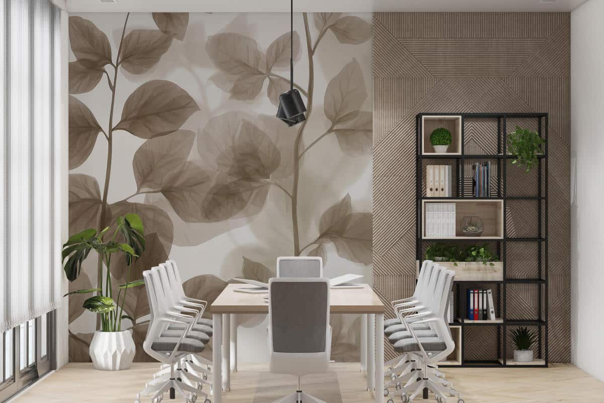 Elegancka Fototapeta do salonu i biura – Delikatne Liście i Gałązki w beżu i zieleni 64266 - zdjęcie 4