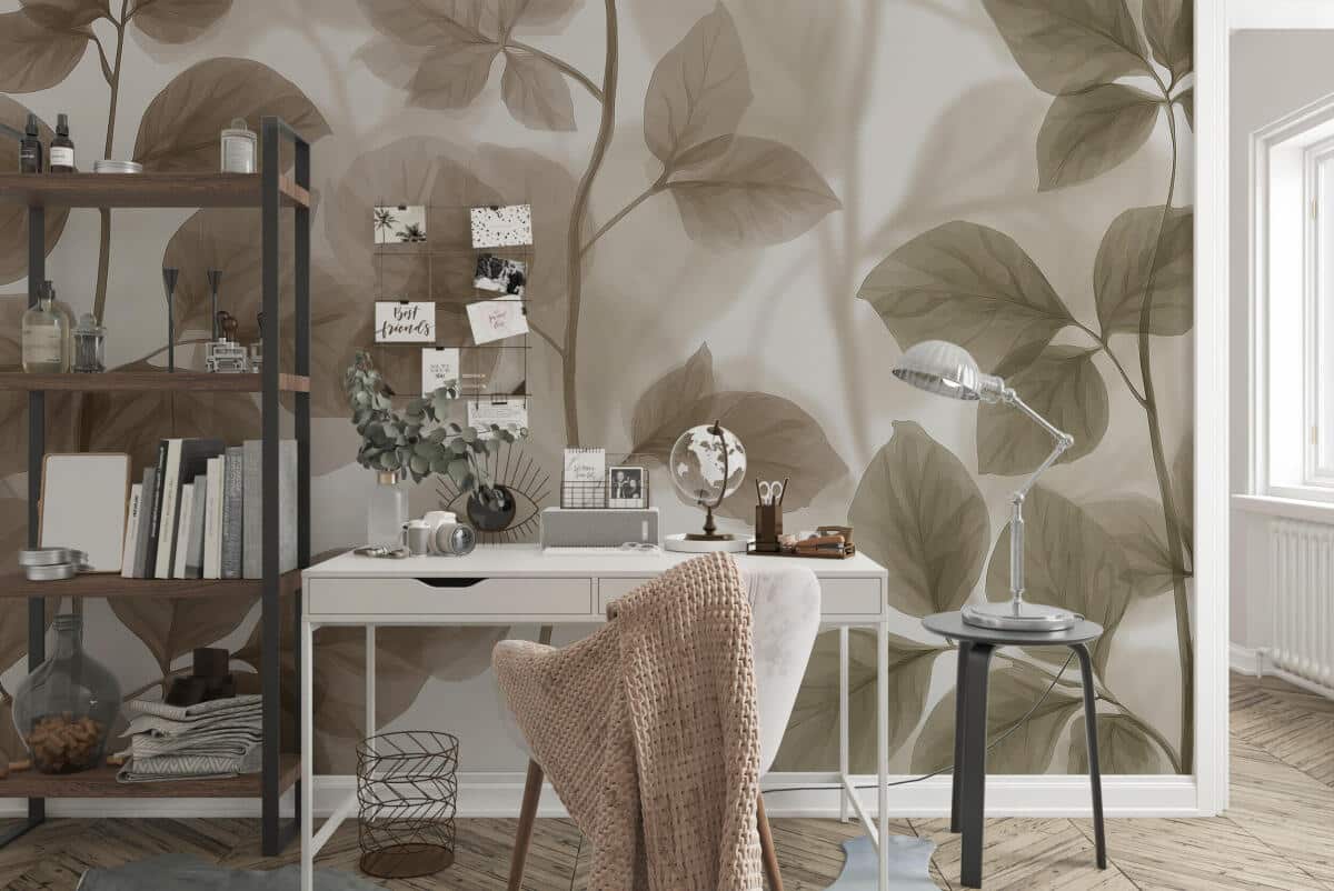 Elegancka Fototapeta do salonu i biura – Delikatne Liście i Gałązki w beżu i zieleni 64266 - zdjęcie 2