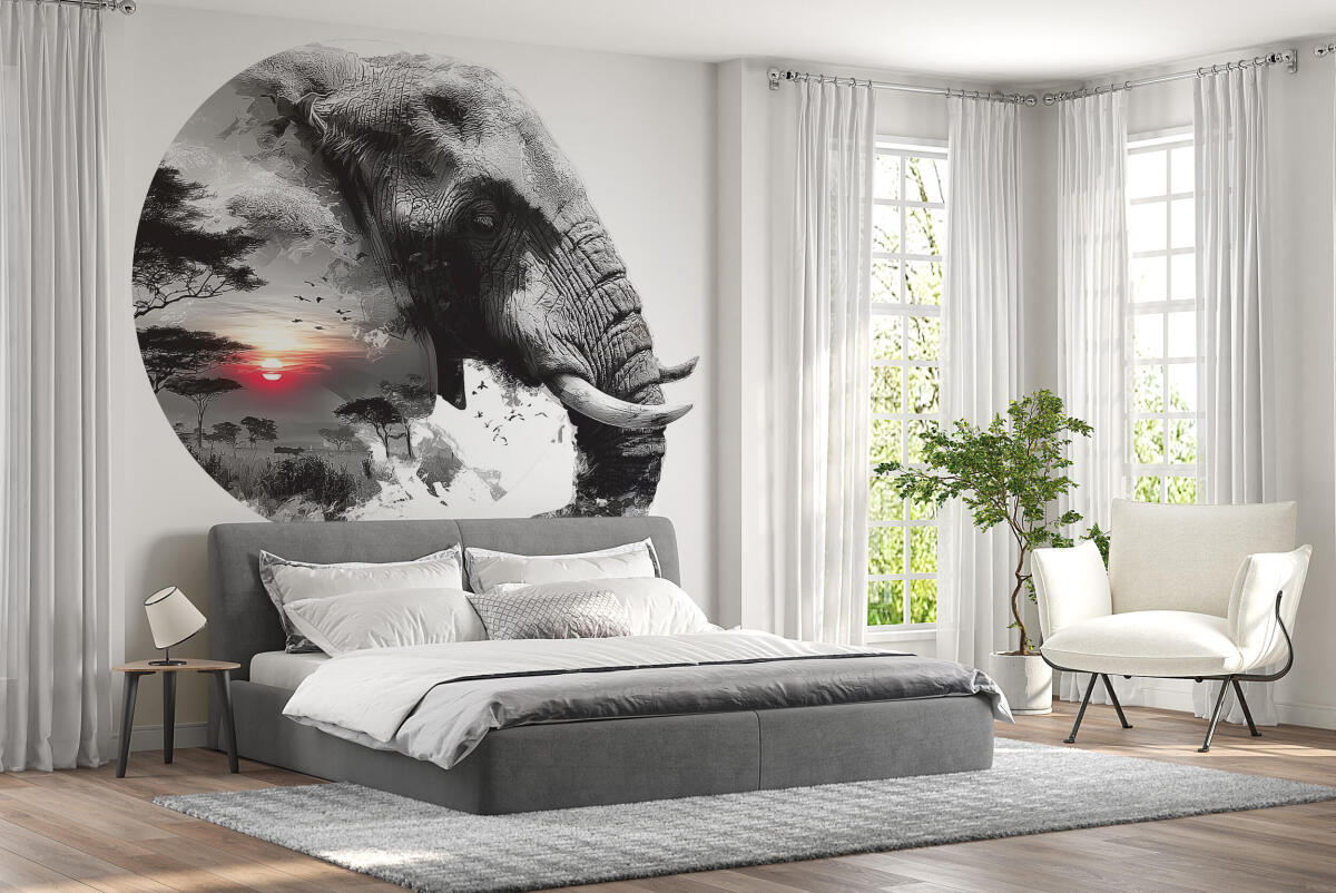 Okrągła Fototapeta 3D – Słoń na Sawannie | Krajobraz Afryki i Zachód Słońca 82344 - zdjęcie 3