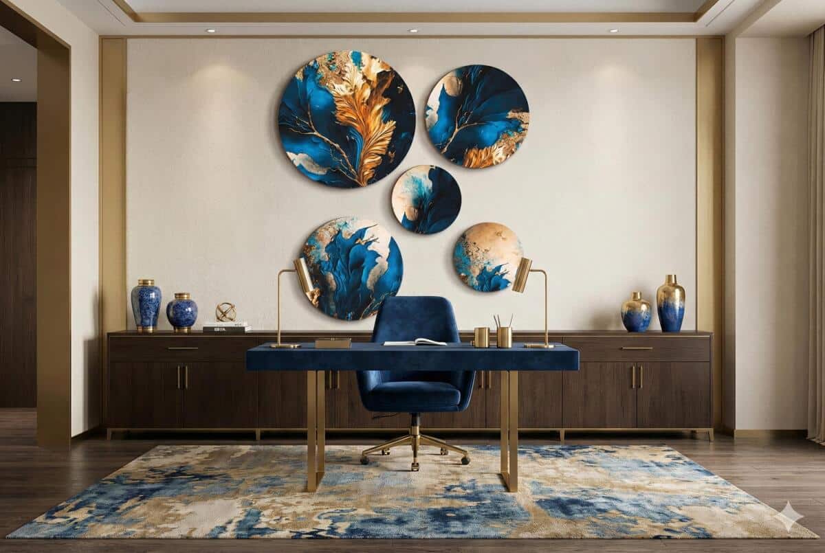 Nowoczesna dekoracja ścienna- Okrągłe obrazy | Elegancka Abstrakcja- Kobalt i złoto 68225 - zdjęcie 8