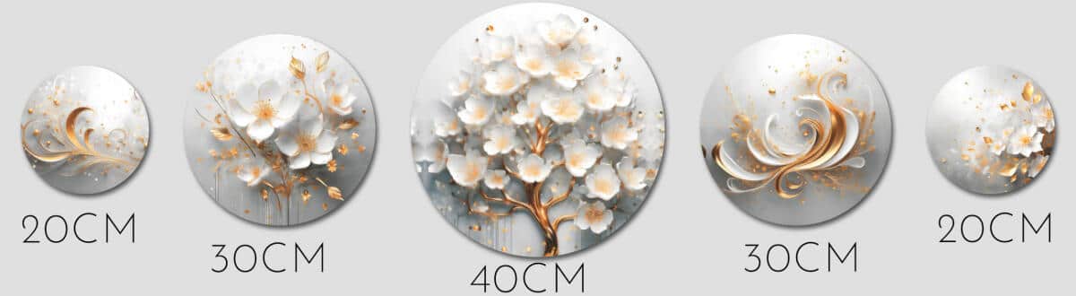 Obrazy Koła – Nowoczesny Zestaw Okrągłych Obrazów | Białe Kwiaty, Złote Akcenty 68235 - zdjęcie 2