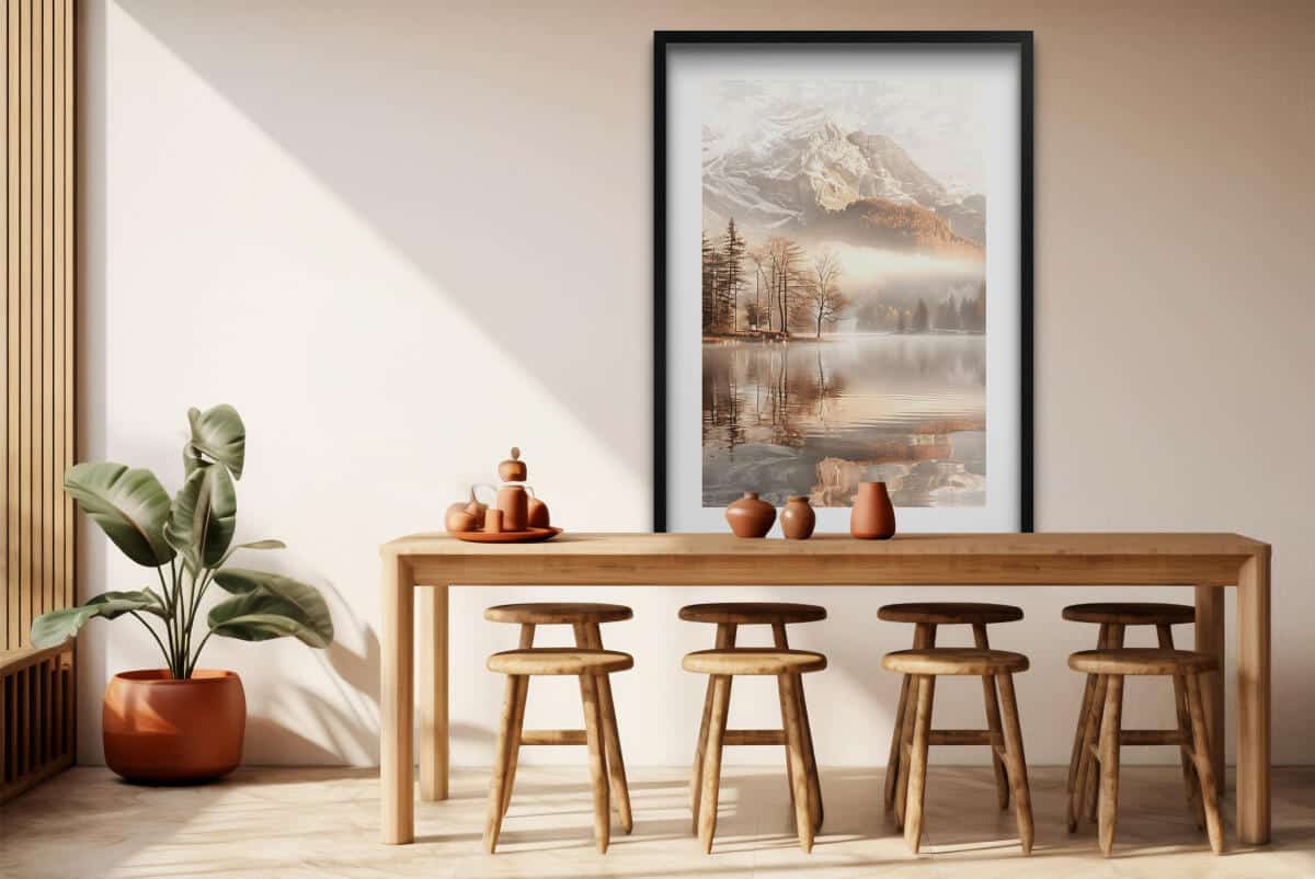 Plakat Góry i Jezioro- Zamglony Krajobraz w beżu i brązie 70x100cm 61771 - zdjęcie 3