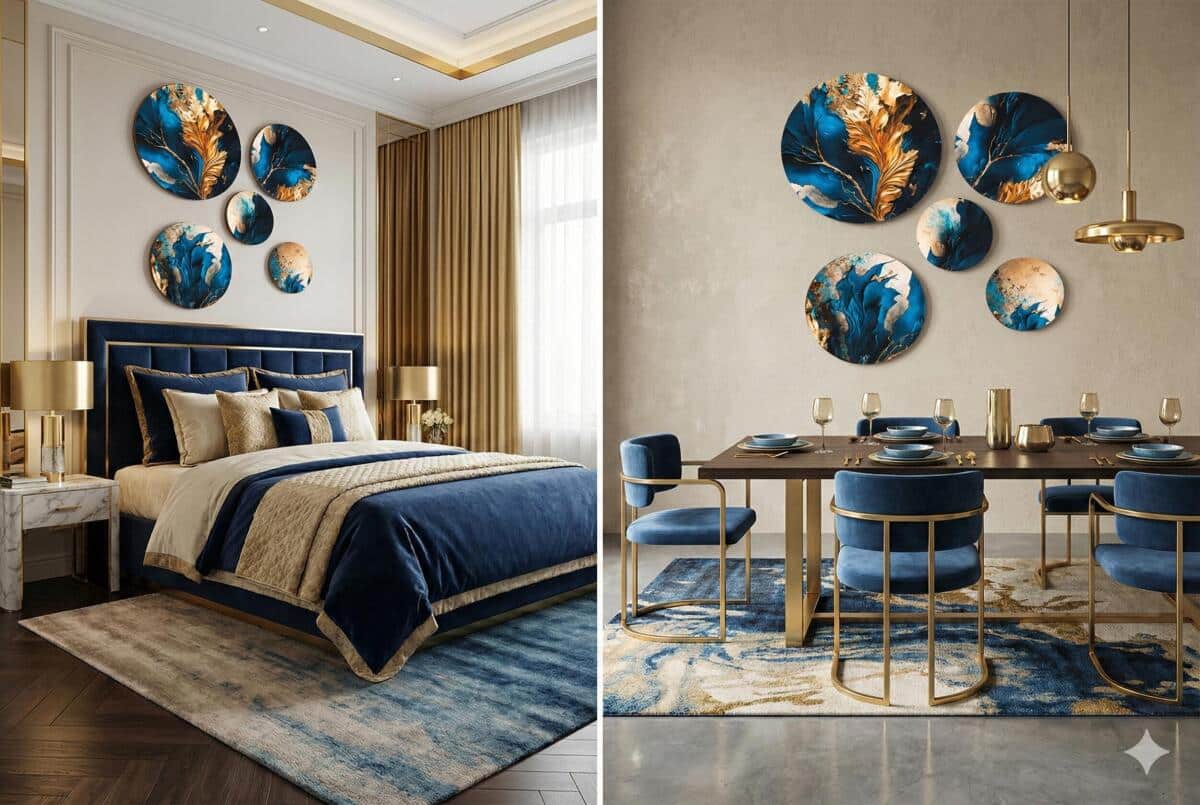 Nowoczesna dekoracja ścienna- Okrągłe obrazy | Elegancka Abstrakcja- Kobalt i złoto 68225 - zdjęcie 2