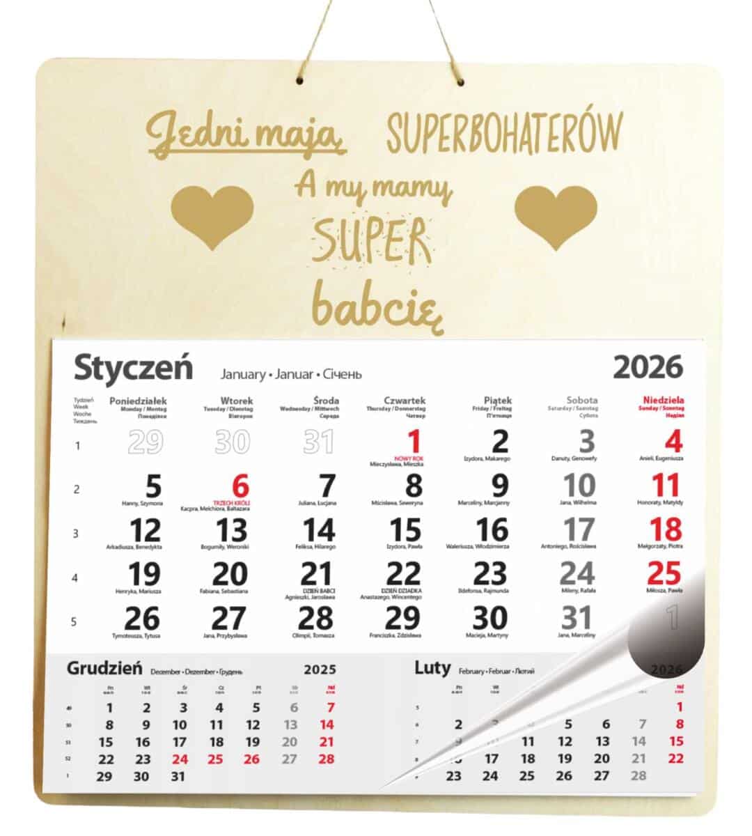 Drewniana, grawerowana zawieszka z kalendarzem, prezent Dzień Babci duża 65602