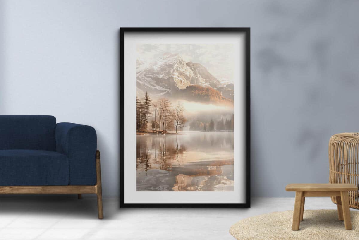 Plakat Góry i Jezioro- Zamglony Krajobraz w beżu i brązie 70x100cm 61771 - zdjęcie 4