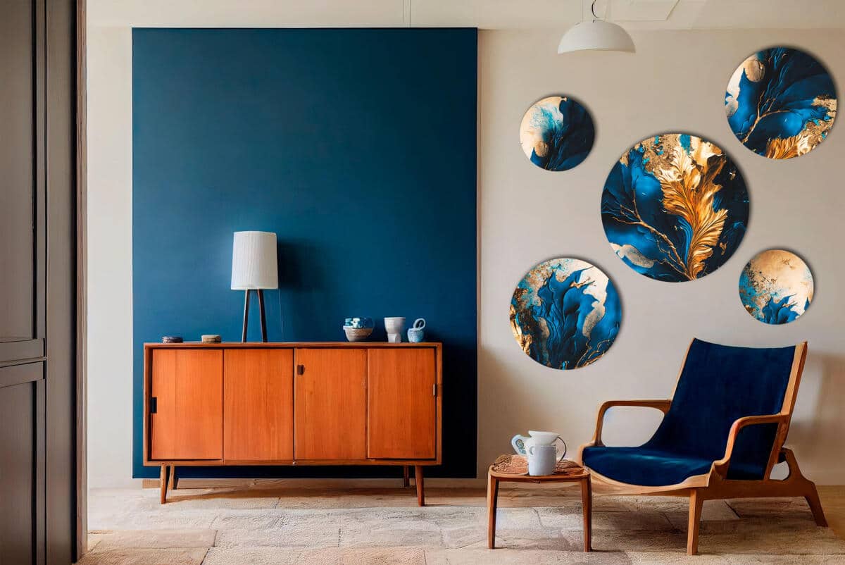 Nowoczesna dekoracja ścienna- Okrągłe obrazy | Elegancka Abstrakcja- Kobalt i złoto 68225 - zdjęcie 6