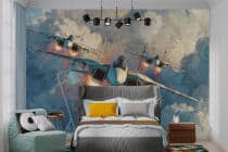 Akwarelowa fototapeta dla chłopca- Samoloty Odrzutowe, Myśliwce | Młodzieżowa Tapeta 3D 64246 - miniaturka 3