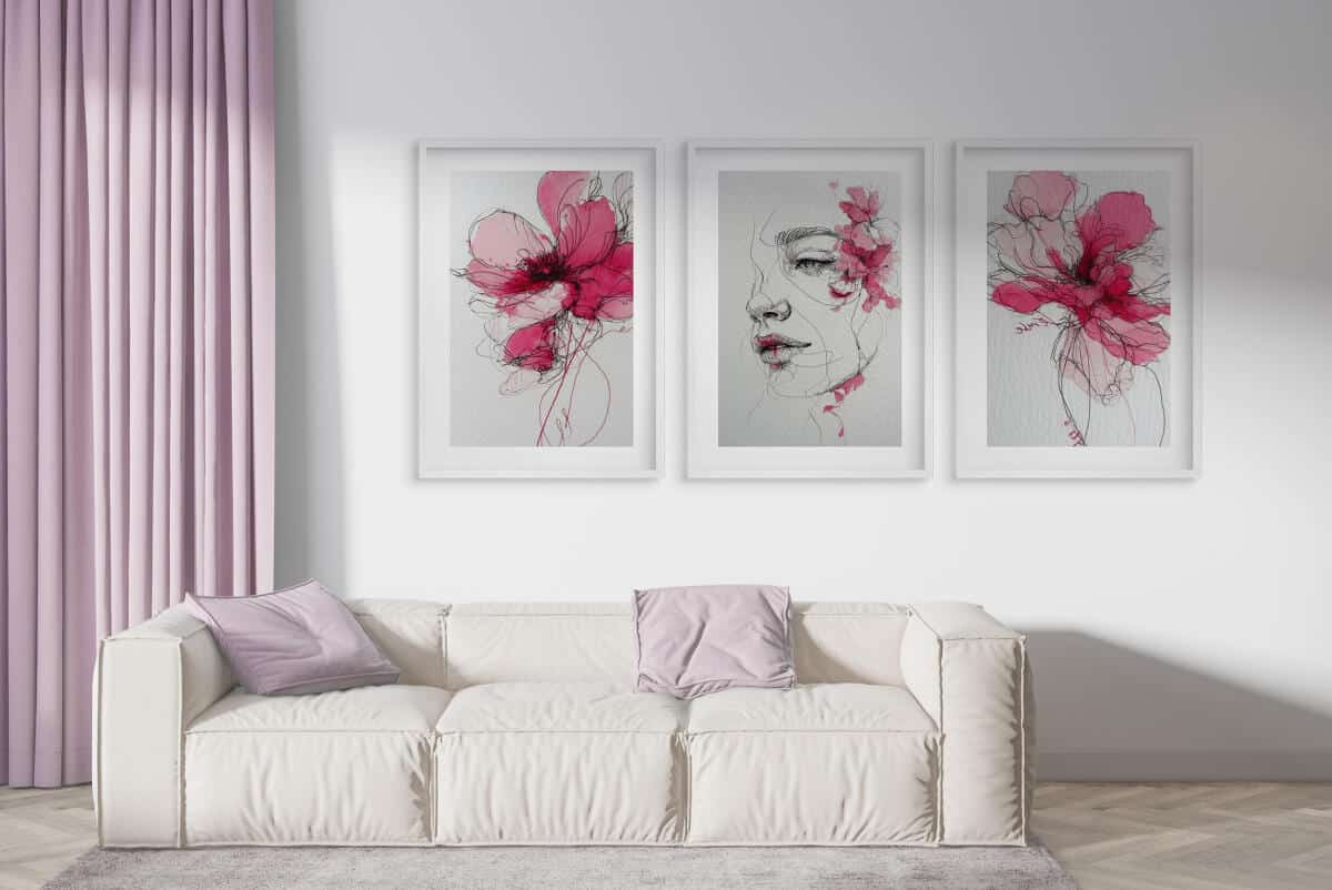 Artystyczne Plakaty- Kobieca Twarz wśród różowych kwiatów | Line Art i Akwarela 82340 - zdjęcie 5