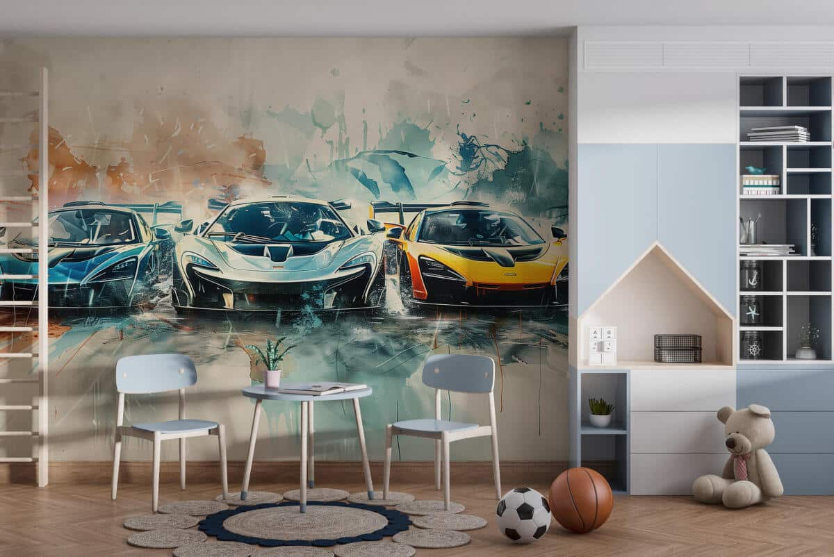 Nowoczesna Fototapeta młodzieżowa- Sportowe auta w stylu akwareli 64244