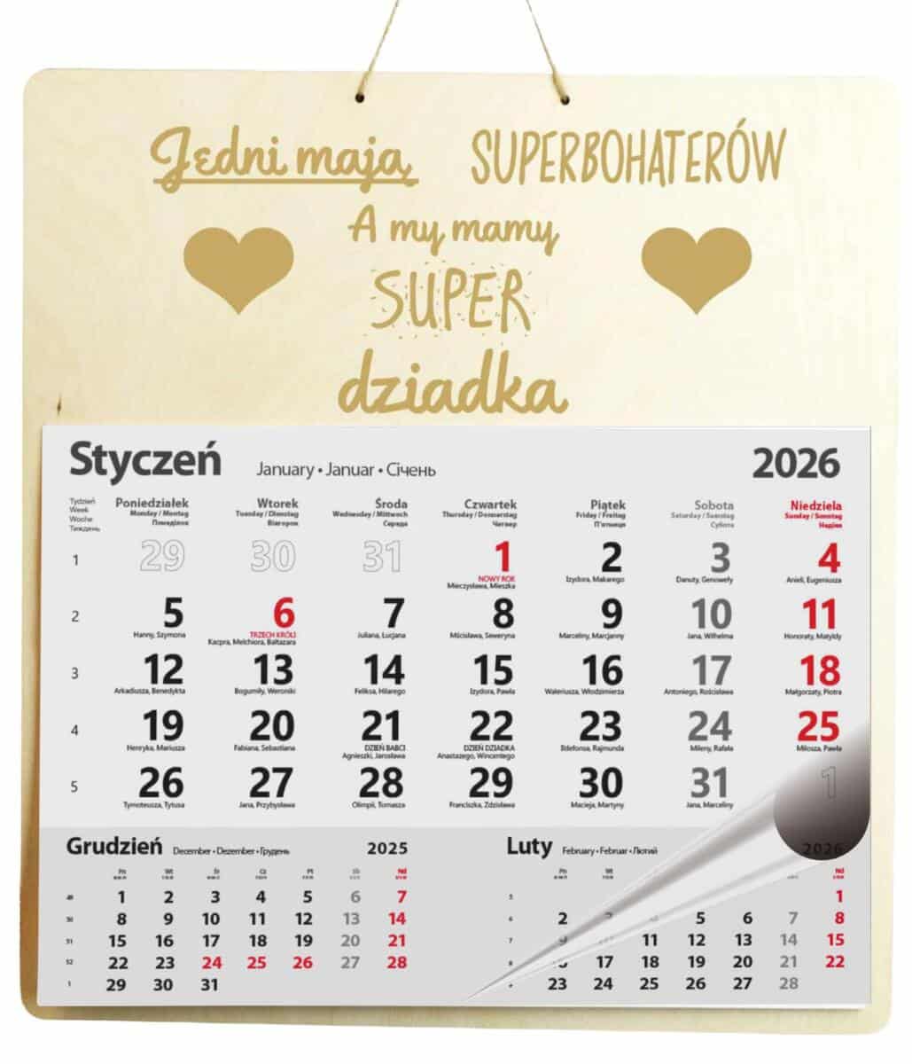 Drewniana, grawerowana zawieszka z kalendarzem, prezent Dzień Dziadka duża 65603